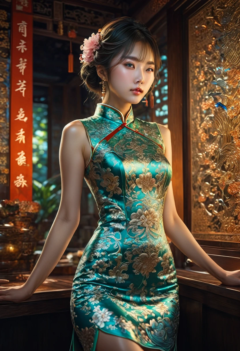 Cheongsam, by Jongje Park and Hyunseok Yun and Kwangsu Lee, RAW photo, 35mm photograph, bokeh, best quality, masterpiece, very aesthetic, perfect composition, intricate details, ultra-detailed