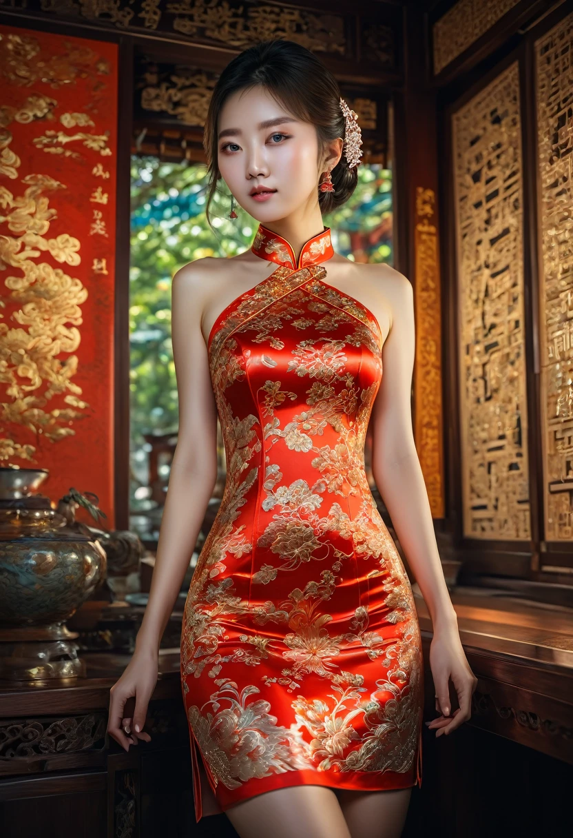Cheongsam, by Jongje Park and Hyunseok Yun and Kwangsu Lee, RAW photo, 35mm photograph, bokeh, best quality, masterpiece, very aesthetic, perfect composition, intricate details, ultra-detailed