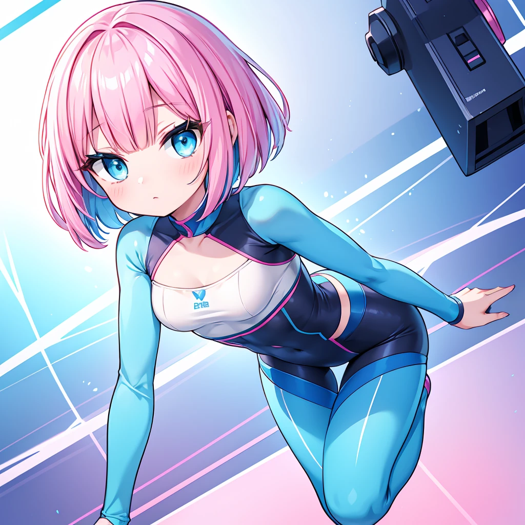 An android woman, small breasts, cute face, blue-pink hair and blue eyes, bob cut hair, full body, thin waist, pink-light blue skintight pants, wearing a pink and light blue skintight shirt, blue shoes, perfect thighs,