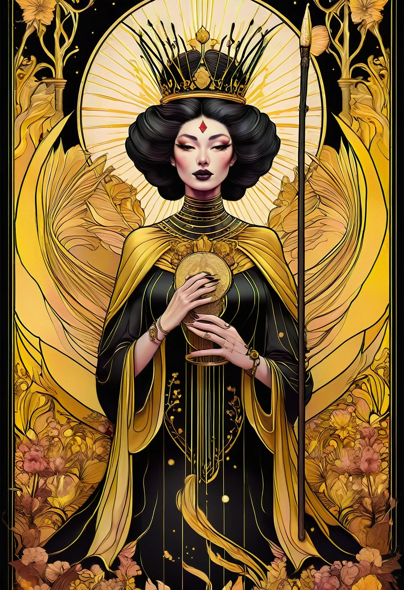 fusion graphic tarot cards, chiaroscuro technique on sensual illustration of an queen of wands, vintage queen, eerie, matte painting, by Hannah Dale, by Harumi Hironaka, extremely soft colors, hint of yellow pastel, highly detailed, digital artwork, high contrast, dramatic, refined, tonal, highest quality，anatomy correct，ultra-wide-angle，depth of fields