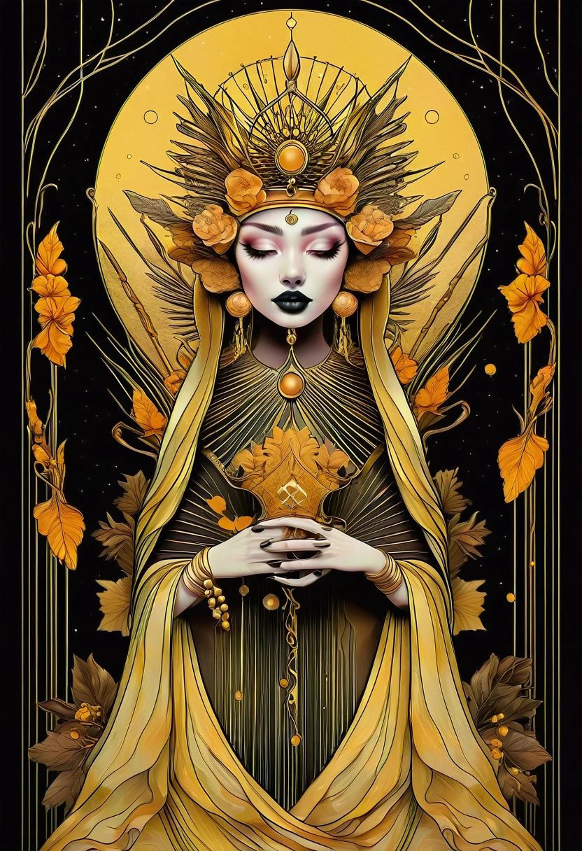 fusion graphic tarot cards, chiaroscuro technique on sensual illustration of an queen of wands, vintage queen, eerie, matte painting, by Hannah Dale, by Harumi Hironaka, extremely soft colors, hint of yellow pastel, highly detailed, digital artwork, high contrast, dramatic, refined, tonal, highest quality，anatomy correct，ultra-wide-angle，depth of fields