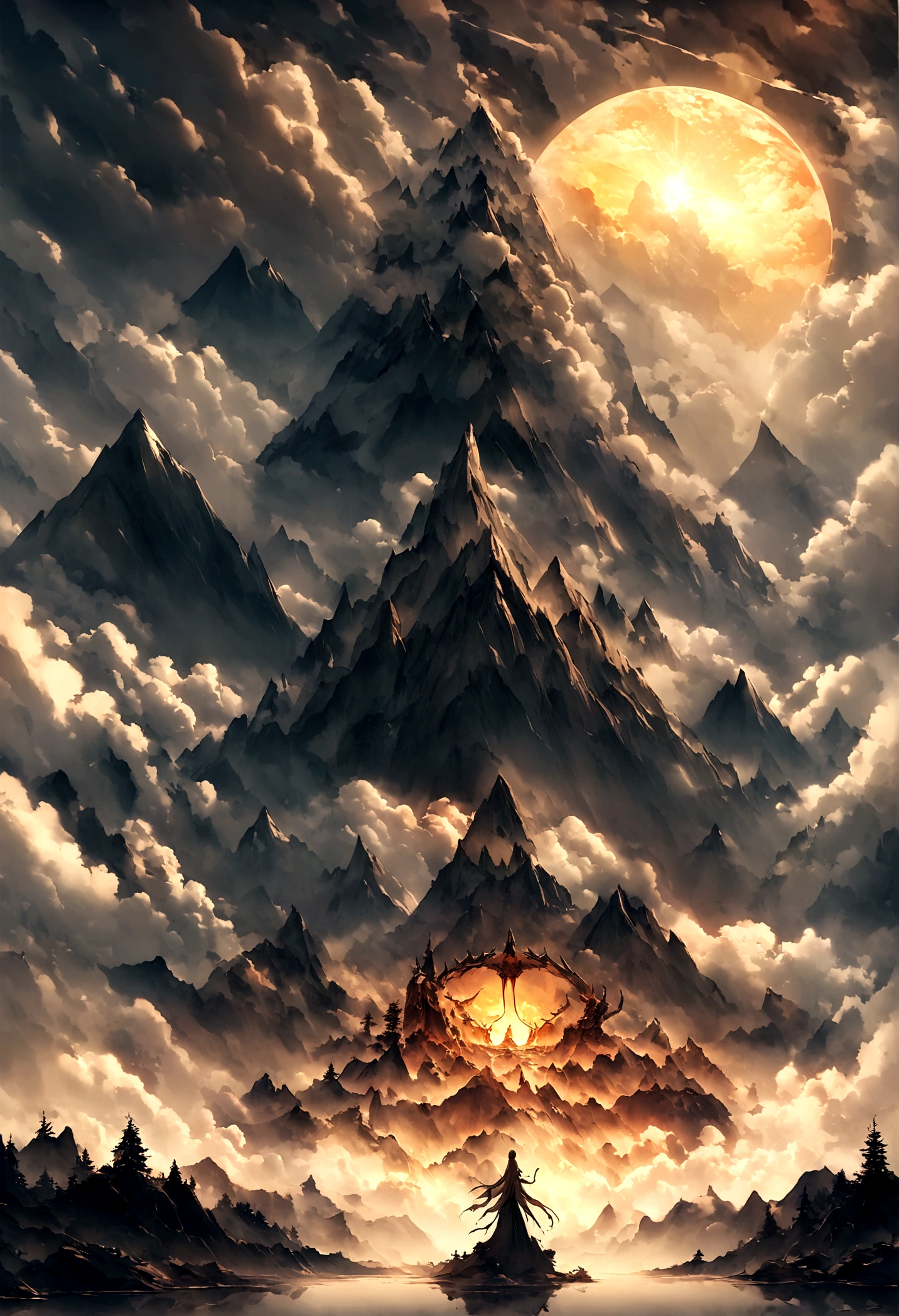 A magnificent mountain,Clouds and mist,The sun shines through the clouds,Smoky,Looks like a fairy,Immortal World