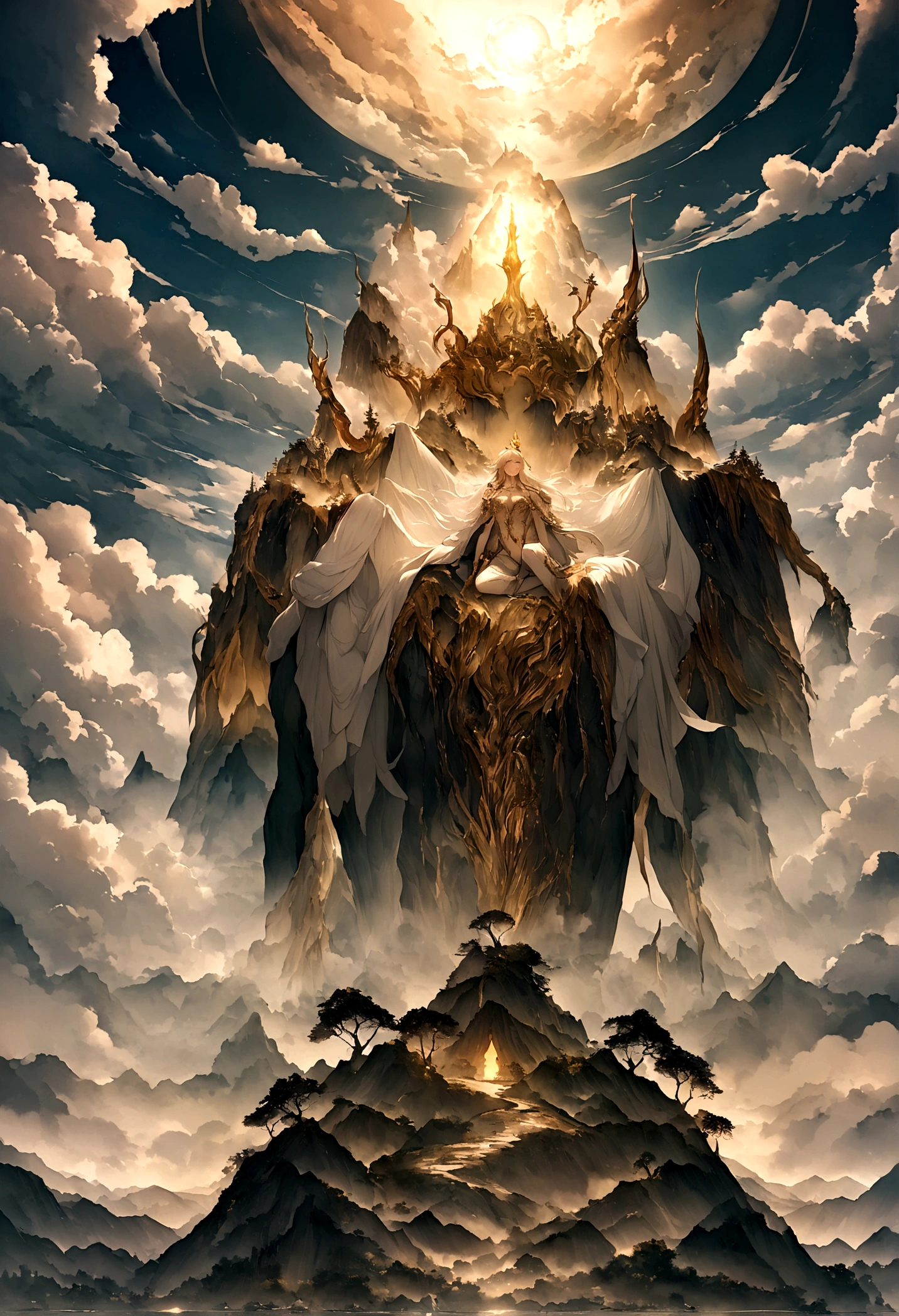 A magnificent mountain,Clouds and mist,The sun shines through the clouds,Smoky,Looks like a fairy,Immortal World
