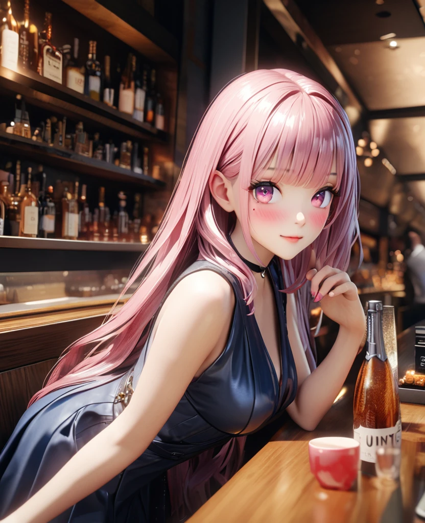 masterpiece, best quality, very detailed, high resolution, expensive resolution, high resolution, 4K, 8k, Unity 8k wallpaper, highly detailed CG, masterpiece, 2D, 3D, beautiful details, depth, fine texture, best quality: 1.3, perfectly focused, crispy skin, he,
Very cute anime girl, two girls who are employees of a night bar, sexy dress, big breasts, expensive pink medium long hair and brown short hair, two girls, night bar, mole under eye, looking at the viewer, expensive, blush, mole, lips parted,, heart, pink eyes, choker