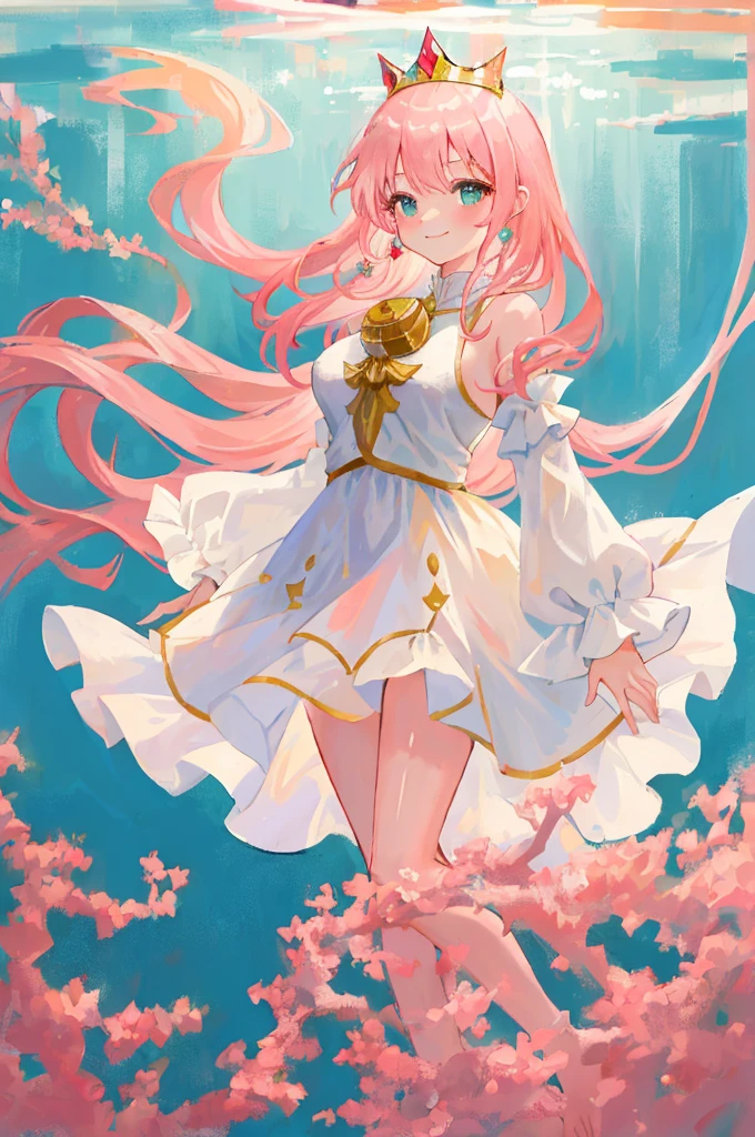 ((best quality)), ((masterpiece)), (detailed), 1 girl, anime girl, ((axolotl girl)), monster girl, blush, gentle smile, pink hair, ((princess dress)), flowing dress, exposed shoulders, underwater background, ((large breasts)), floating pose, teal eyes, beautiful, {intricate outfit}, ((absurdres)), front view, tiara, barefoot, anklet, transparent sleeves, long sleeves, (delicate illustration), white dress with gold accents, long hair