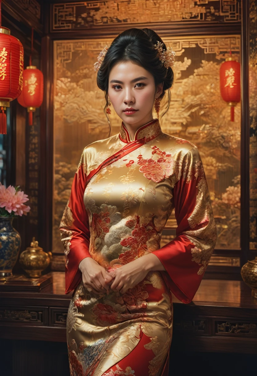 Cheongsam, by nan goldin, RAW photo, 35mm photograph, bokeh, best quality, masterpiece, very aesthetic, perfect composition, intricate details, ultra-detailed