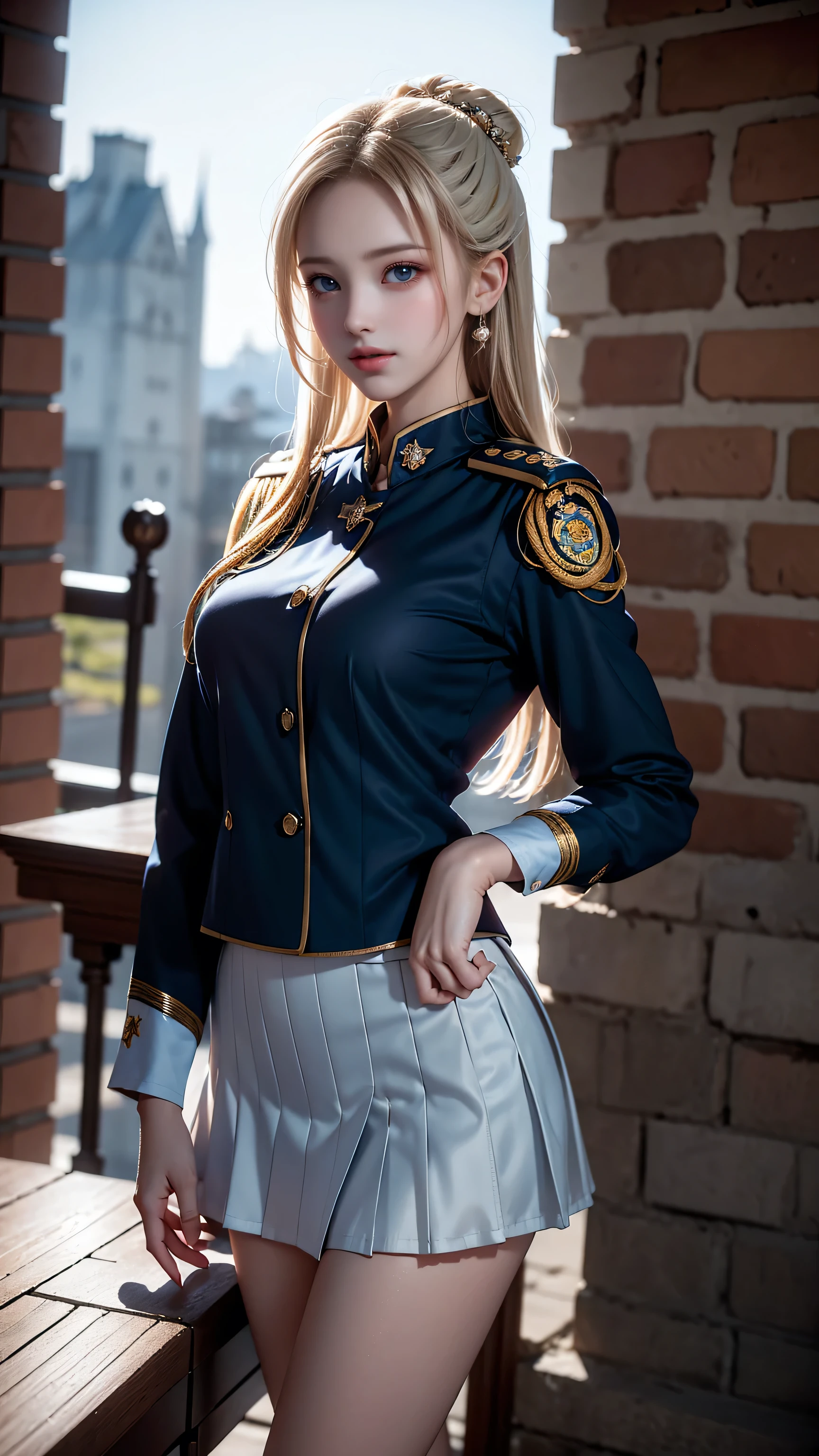 ((A policewoman standing in front of a brick wall))、（Salute）,Highest quality work,Live-action work,Ultra Premium Graphics,8K HD CG Works,High Quality Graphics,High-definition CG works,10x pixels,Ultra-fine detail：1.1,High level of technical detail：1.1 Photorealistic,Natural light：1.5. Lighting Effects（Virtual Lighting Effects：1． 8）、（Golden White Shorthair）、（Bob Hair）、Thin eyebrows、High nose、Nice red lips、Rose Cheek、Casual makeup face、Cute Face、Perfectly balanced face、Light-toned foundation。 A foundation that enhances the transparency of your skin。 ((female officer:1.5)),((Navy blue jacket with emblem on chest)),((Semi-transparent light blue blouse)),((Navy blue tight skirt))。40k, photograph, On the table, Highest quality, Rain Background, ((1.A girl with beautiful eyes and light hair, White skin, Mr.A Pose.((Medium chest::1.1)), Highest quality, On the table, Ultra-high resolution, (Real::1.4), RAWphotograph, (Perfect figure), (slim::1. 3), Slim abdomen, Perfect slim figure, Dynamic Pose, one person, Cold light 12000K, Fine face and skin texture, Fine grain, Realistic eyes, Beautiful fine grain, (real skin), charm, Ultra-high resolution, surreal, Very fine,Long legs、High heels、（Smile）、（I see white panties、