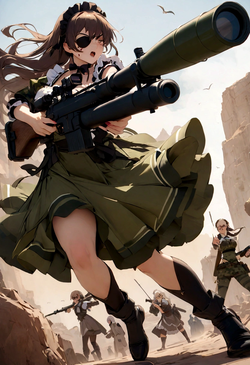 （masterpiece:1.４）（A beautiful woman in a camouflage maid uniform is aiming with a rocket launcher）（Battlefield Wilderness）（Female Sniper)（Blood on the face）（Dynamic Movement）（Grim expression）（Eye patch）（Full body）