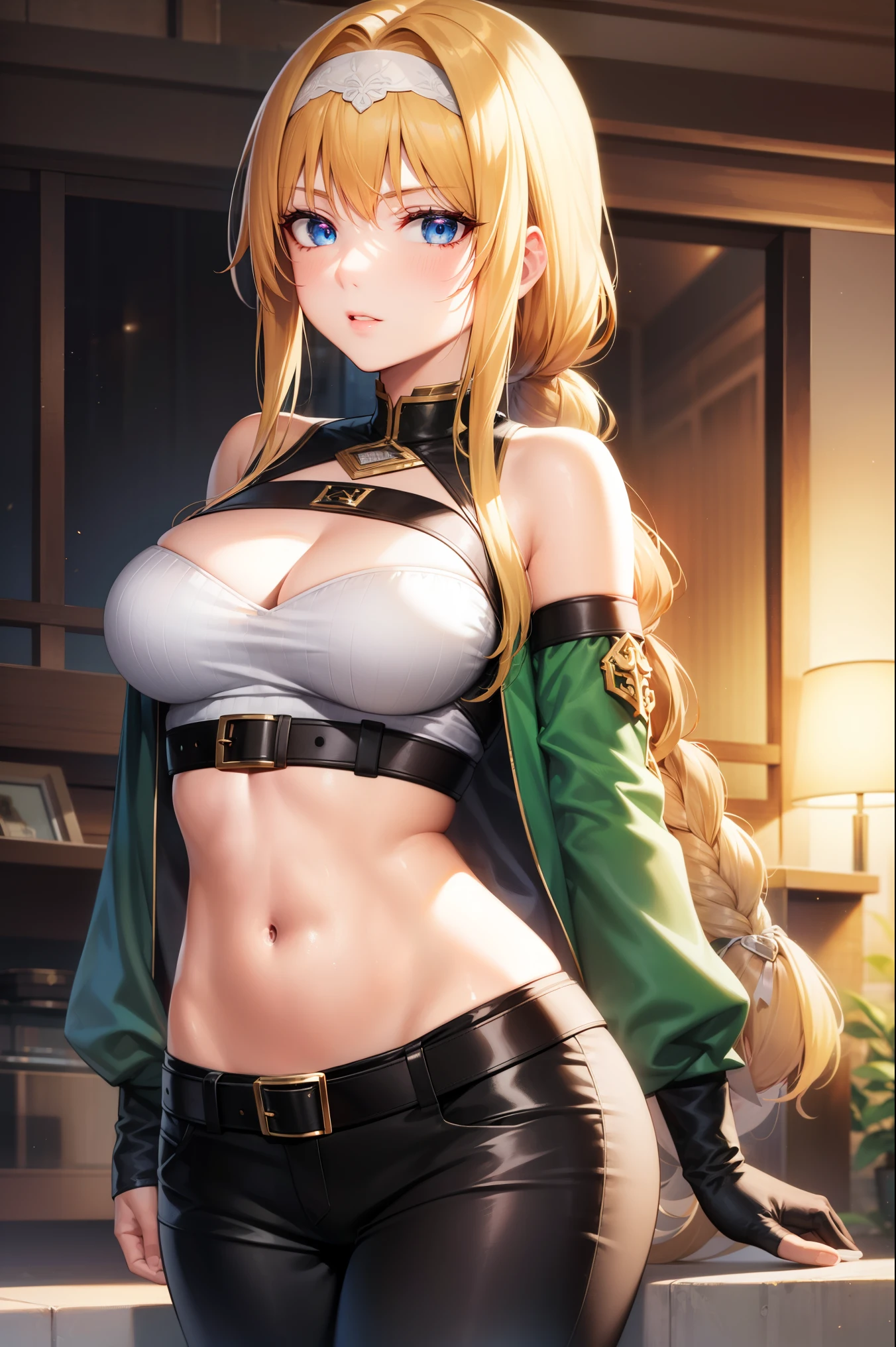 alice zuberg, bangs, blue eyes, blonde hair, hair between eyes, very long hair, braid, hairband, white hairband, 
BREAK gloves, navel, detached sleeves, black gloves, midriff, belt, pants, fingerless gloves, coat, asymmetrical clothes, green coat,
BREAK looking at viewer,
BREAK outdoors,
BREAK (masterpiece:1.2), best quality, high resolution, unity 8k wallpaper, (illustration:0.8), (beautiful detailed eyes:1.6), extremely detailed face, perfect lighting, extremely detailed CG, (perfect hands, perfect anatomy),