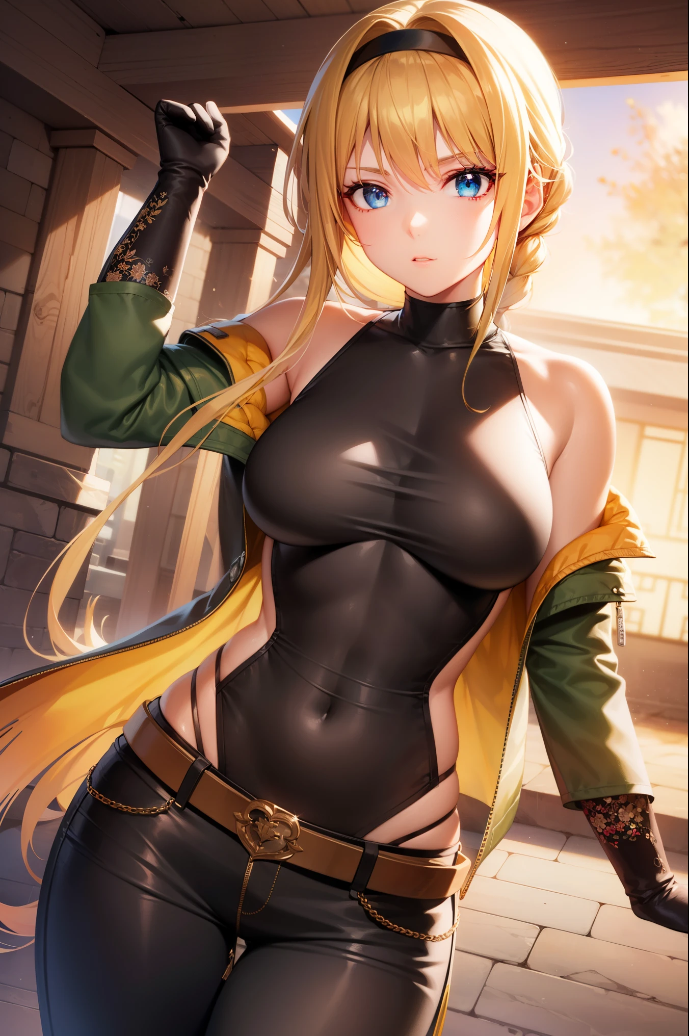 alice zuberg, bangs, blue eyes, blonde hair, hair between eyes, very long hair, braid, hairband, white hairband, 
BREAK gloves, navel, detached sleeves, black gloves, midriff, belt, pants, fingerless gloves, coat, asymmetrical clothes, green coat,
BREAK looking at viewer,
BREAK outdoors,
BREAK (masterpiece:1.2), best quality, high resolution, unity 8k wallpaper, (illustration:0.8), (beautiful detailed eyes:1.6), extremely detailed face, perfect lighting, extremely detailed CG, (perfect hands, perfect anatomy),