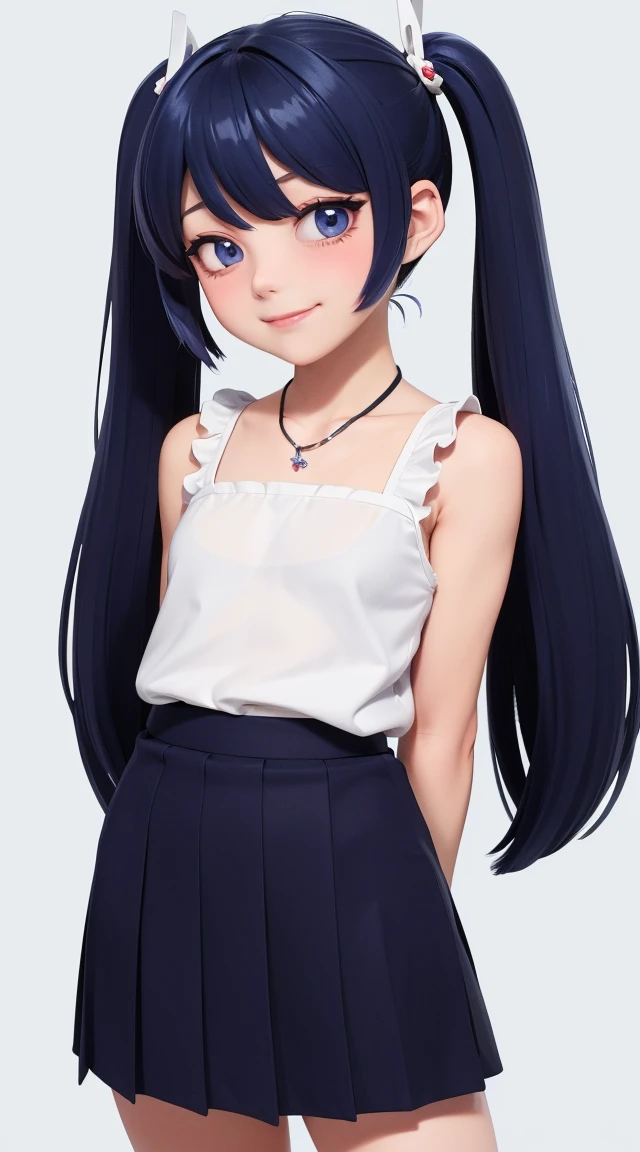 (masterpiece:1.3), (Best Quality:1.3), (Ultra-detailed:1.2), ((kawaii)), Cute, (lovely), ((sexy)), ((Extremely detailed)), 4K, (8K), Best Quality, (Beautiful), Illustration, anime style, (bold line:1.2), Gradation, looking at viewer, //, (bent down:1.1), (arms behind back), //, a cute girl, 1girl, (solo:1.2), gleaming skin, //, (flat chested), (Perfect eyes:1.2), (Perfect iris:1.2), //, darkblue hair color, (beautiful eyes) //, (half closed eyes:1.3), (sexual expression:1.2), Fascinated expression, smile, (blush:1.2), //, modern city background, on rock, twin tails, muscle girl, hard abs, exposed abs, NECKLACE, tight blouse, skirt