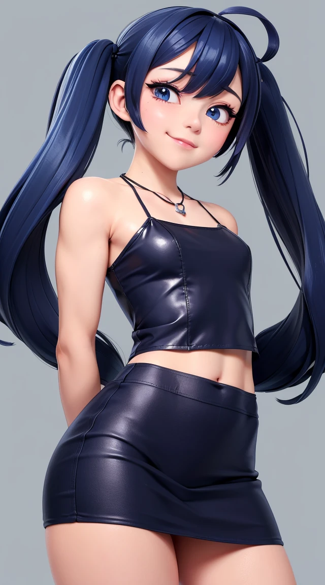  (masterpiece:1.3), (Best Quality:1.3), (Ultra-detailed:1.2), ((kawaii)), Cute, (lovely), ((sexy)), ((Extremely detailed)), 4K, (8K), Best Quality, (Beautiful), Illustration, anime style, (bold line:1.2), Gradation, looking at viewer, //, (bent down:1.1), (arms behind back), //, a cute girl, 1girl, (solo:1.2), gleaming skin, //, (flat chested), (Perfect eyes:1.2), (Perfect iris:1.2), //, darkblue hair color, (beautiful eyes) //, (half closed eyes:1.3), (sexual expression:1.2), Fascinated expression, smile, (blush:1.2), //, modern city background, on rock, twin tails, muscle girl, hard abs, exposed abs, NECKLACE, tight blouse, skirt