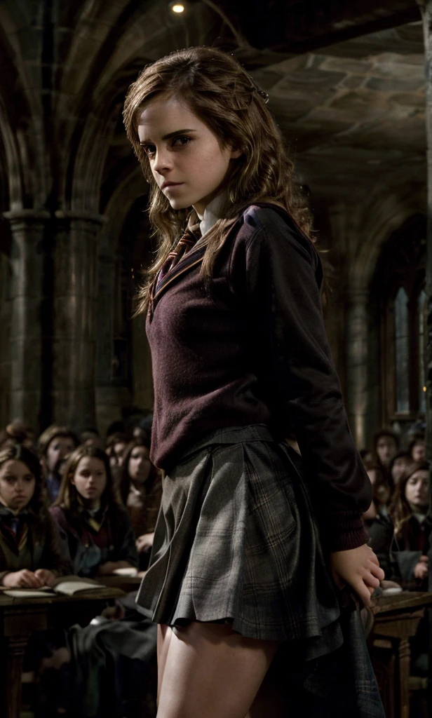 Emma Watson, Hermione Granger in Hogwarts, flyting with a witch bloom, student uniform, plissed grey skirt, upskirt, focus on eyes, expressive eyes, neckline, looking to the viewer, close photography 