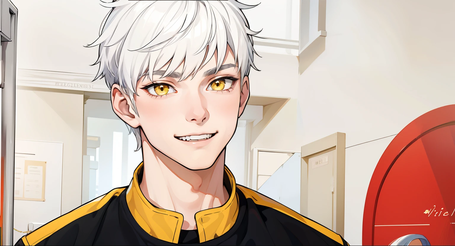 Beautiful 17-year-old man, white hair, yellow eyes, black clothes, speaking evilly with a malicious and mischievous smile.