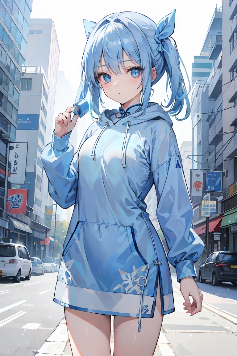 1 girl,light blue hair,blue eyes,hair ribbon,Blue and white hoodie,winter,looking at the viewer,cowboy shot, (((a girl wearing cheongsam)))