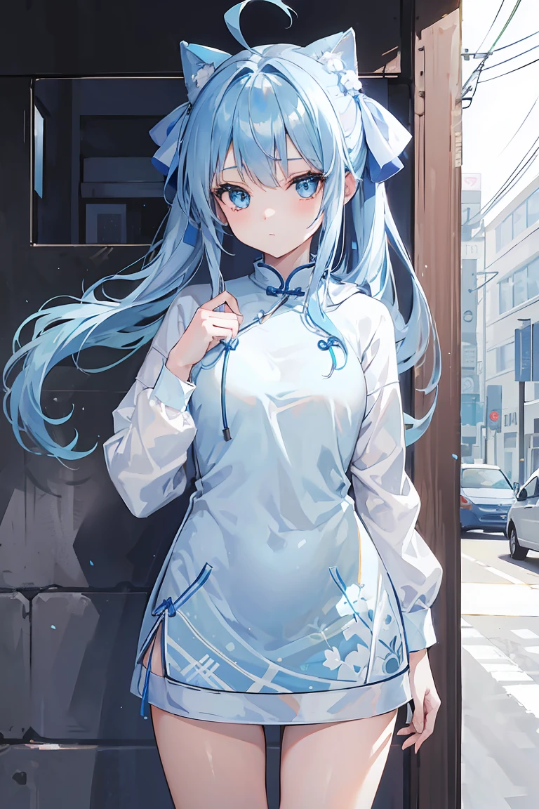 1 girl,light blue hair,blue eyes,hair ribbon,Blue and white hoodie,winter,looking at the viewer,cowboy shot, (((a girl wearing cheongsam)))