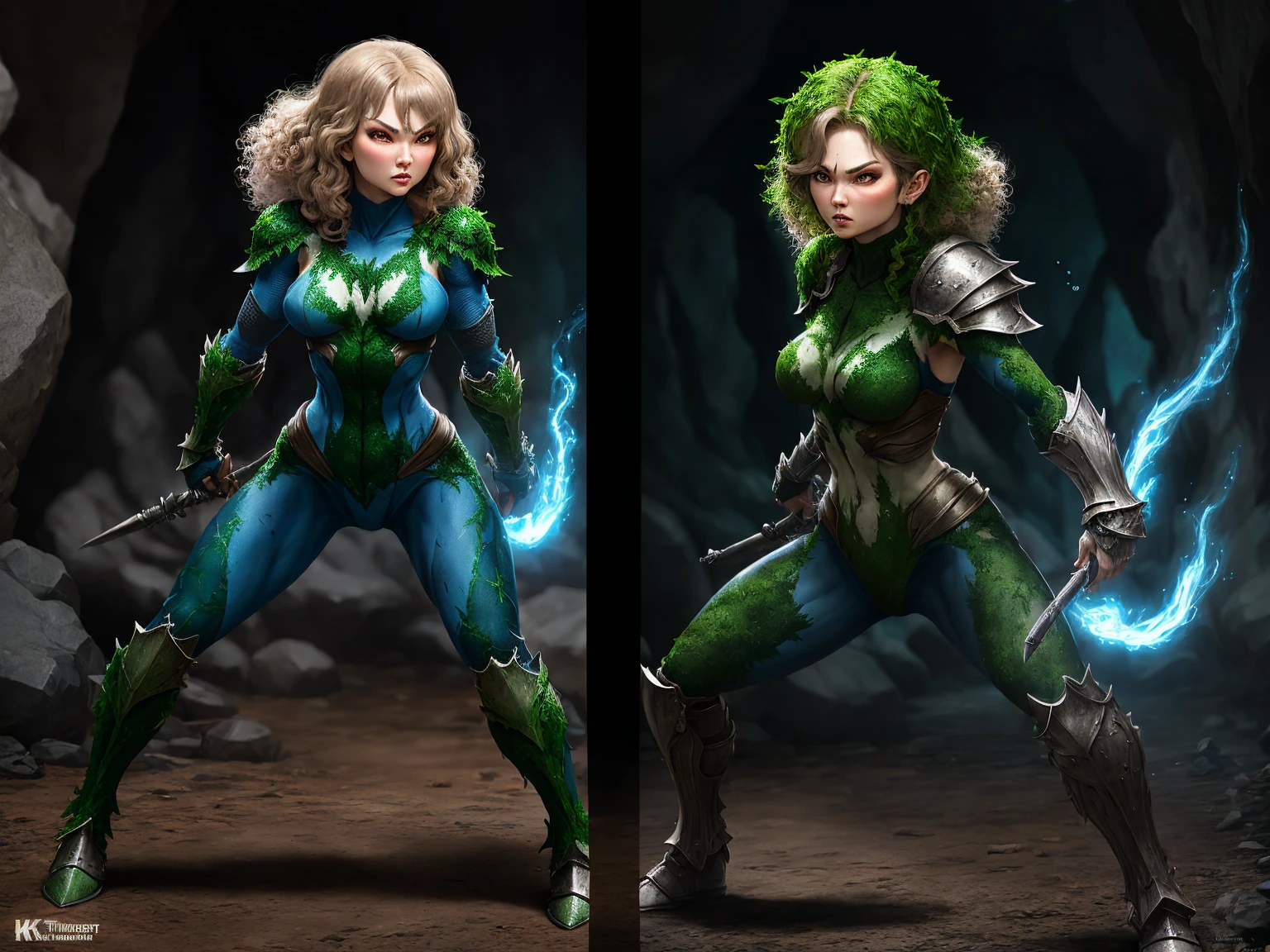 Frost Warrior, (Swift Monk:1.2),cave,Blue Thunder Armor,Blue fluffy curly hair,Fighting Stance,Shooting style,complex,Studio Lighting, masterpiece, The most wonderful details, 8K, Ultra HD, Human Development Report, Poison Ivy and Moss