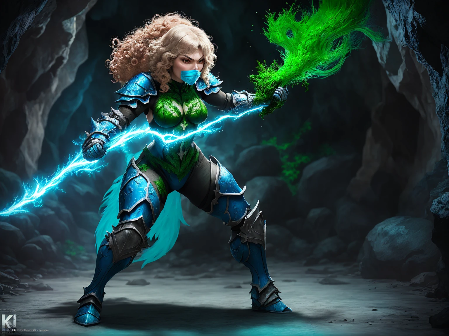 Frost Warrior, (Swift Monk:1.2),cave,Blue Thunder Armor,Blue fluffy curly hair,Fighting Stance,Shooting style,complex,Studio Lighting, masterpiece, The most wonderful details, 8K, Ultra HD, Human Development Report, Poison Ivy and Moss