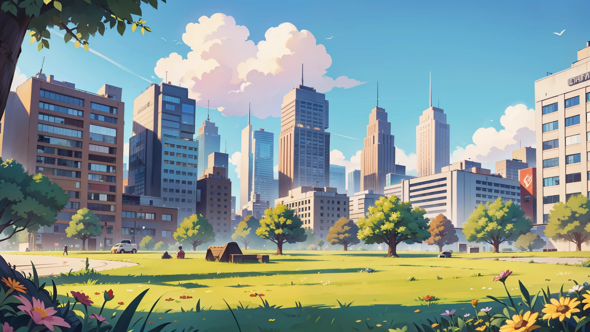 there is a city, bright sunny
