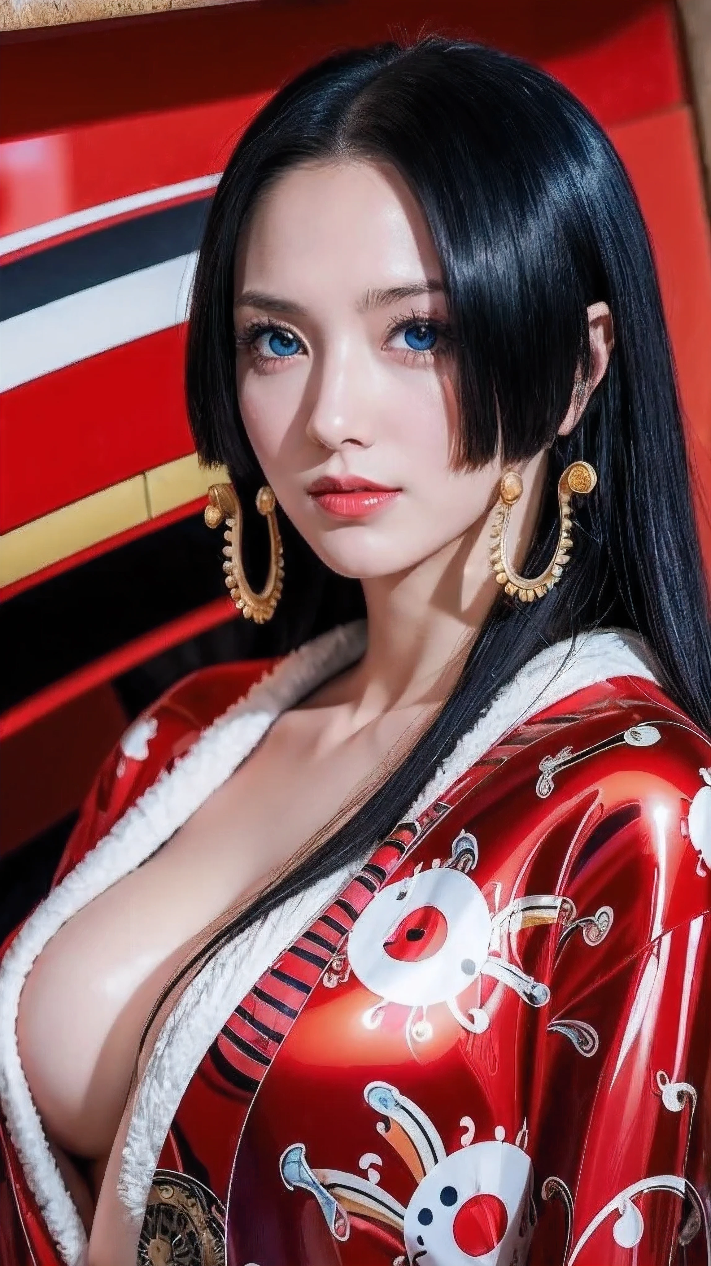 a person with long hair, red kimono, boa hancock, boa hancock from anime one piece, as an anime character, perfect anime face, she has black hair with bangs, female anime character, anime character, anime best girl, hime cut hairstyle, black hair, (red glossy lips:1.3), blue eyes, smile, sea background, (beautiful face:1.3)