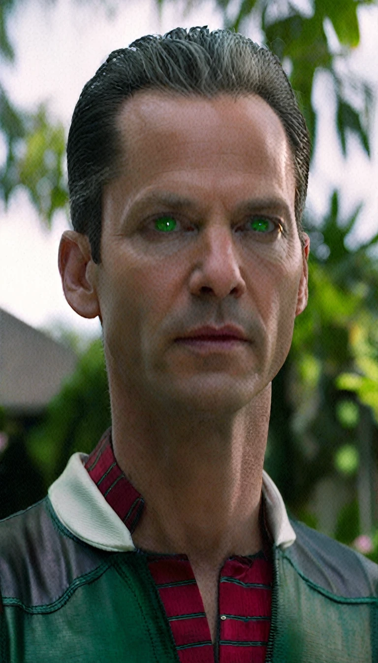 A 40-year-old man, (((wearing a red blouse with a white print collar and button))), (((((alien green skin))))), (((full dark sclera eyes))), thin chin, gray hair with a high quiff and back with gel and short sides, thin nose, garden in the background