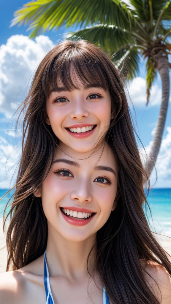 (highest quality、8K、32k、masterpiece)、(RAW Photos)、(Realistic)、(High resolution)、Very detailed、Very beautiful face and eyes、1girl,bikini、Beach、blue sky、cloud、summer、Palm tree、(Upper Body), (Shiny Hair, Shiny skin), (Bokeh), Eye Reflexes, (Smile and laugh:1.3),bangs、Hair in the wind