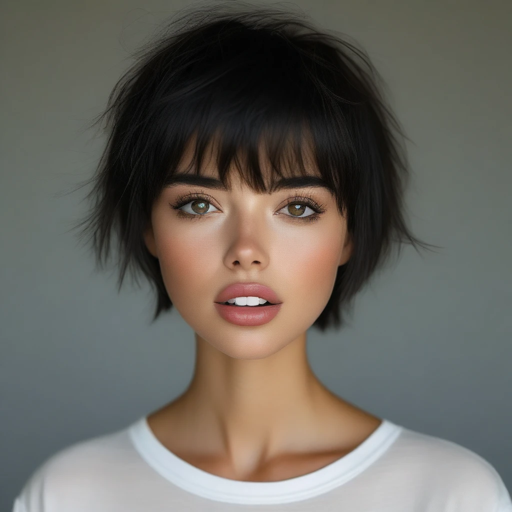 bellissima 1girl, solo, looking at viewer, short hair, bangs, shirt, black hair, parted lips, teeth, blurry, black eyes, lips, black shirt, eyelashes, messy hair, portrait, realisti