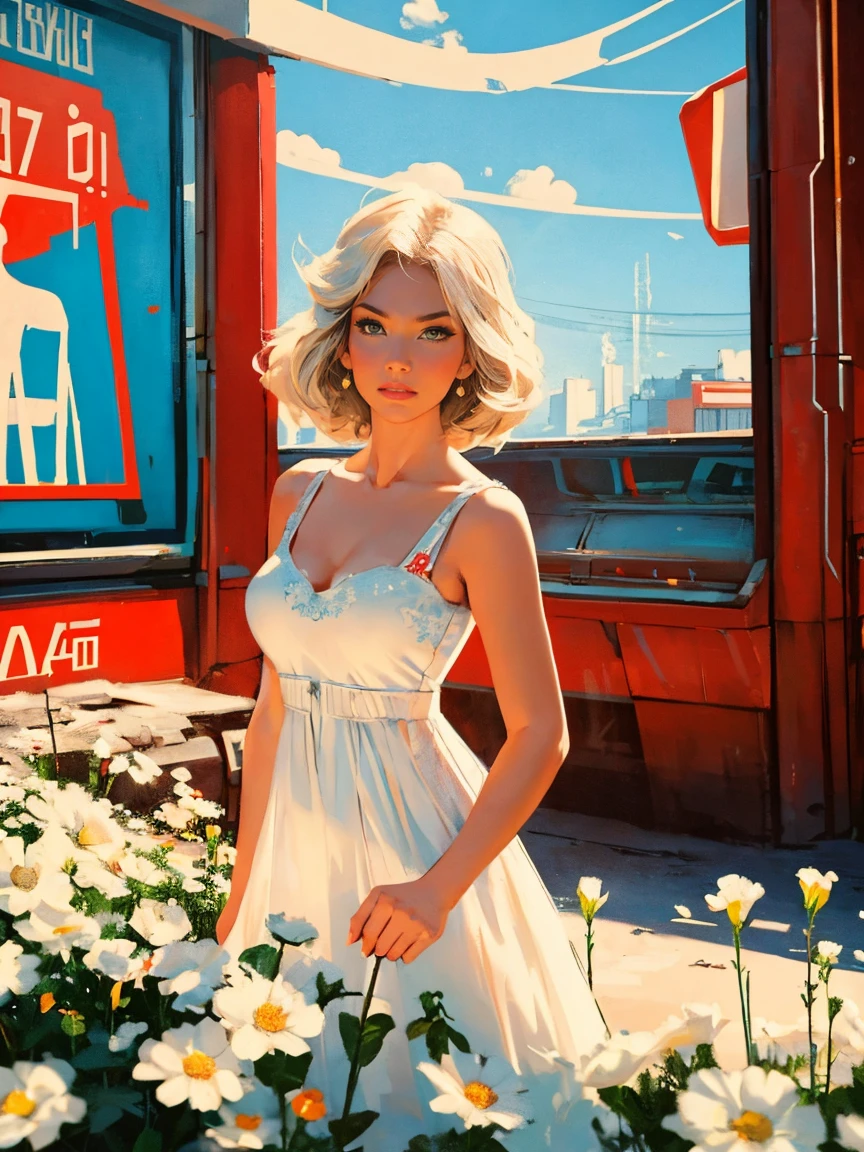 old retro poster, USSR, Soviet Union, Neon, photo shoot, 1 ultra hot gorgeous woman. 3. short white wavy hair, expressive breasa white sundress with a pattern of flowers on fabric, fashionista, 80s, hd