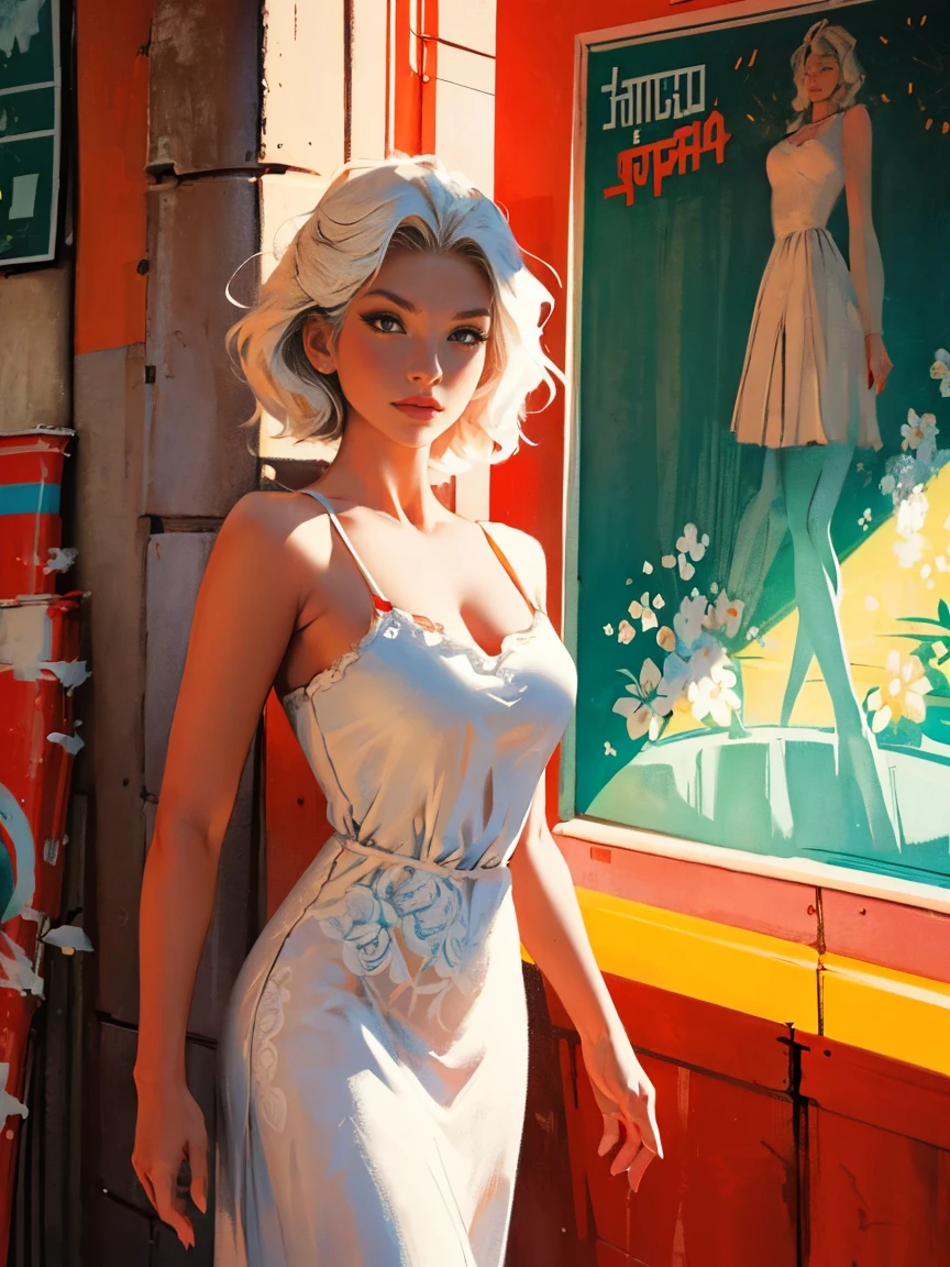 old retro poster, USSR, Soviet Union, Neon, photo shoot, 1 ultra hot gorgeous woman. Age 23. short white wavy hair, expressive breasts, in a white sundress with a pattern of flowers on fabric, fashionista, 80s, hd