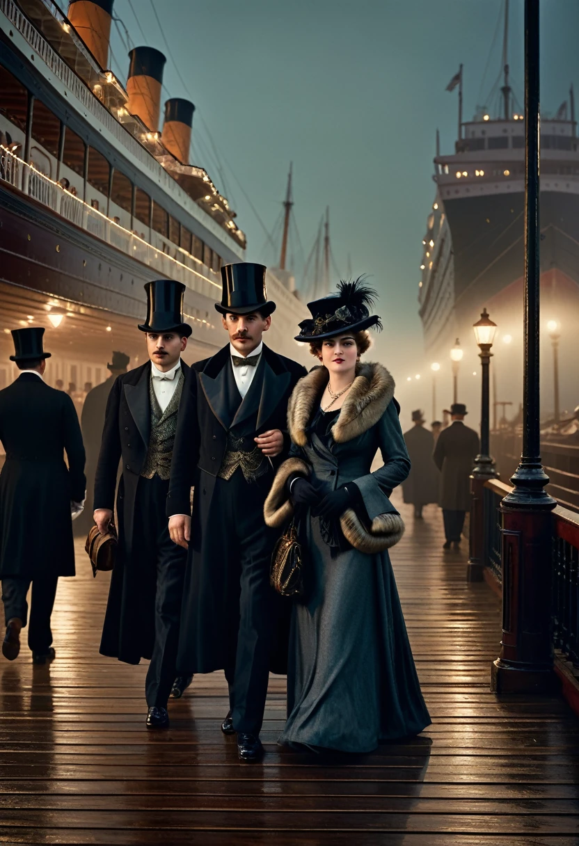 Victorian-era upper class scene, foggy nighttime dock, massive ocean liner RMS Titanic in background, well-dressed English ladies and gentlemen walking and waiting to board, dim lighting from lamps on dock, solemn gloomy atmosphere, intricate period clothing and architectural details, cinematic compositionPhotorealistic render, RMS Titanic moored at Southampton docks before maiden voyage, 1912, upper crust ladies in ornate hats and fur stoles with gentlemen in evening tailcoats and top hats, atmospheric fog and dim lighting from dockside lamps, people carrying luggage, excited yet somber mood, incredible detail