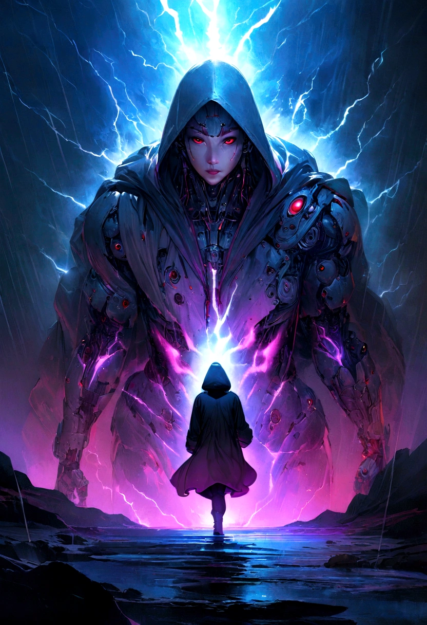 masterpiece, cyborg, The body is a mechanic, Wearing a hood, Shrouded in shadow, , Positano colours, Completely in frame, whole body, Emits electrical energy, whole body, Beautiful anime waifu style man, Ultra-detailed CG paintings, Luminism, Art by Kahn Griffith and Vadim Kashin Concept Art, 8K resolution, Fractal isometric details Bioluminescence , complicatedly detailed , Cinematic, trending on art station Isometric Centered hyper Realistic cover photo awesome full color, Grainy, Realistic, complicated, Hit definition , Cinematic, Bold, Vibrant, amazing, Super high quality model、Being pelted by rain in the dark、Controlling Lightning、Red eyes