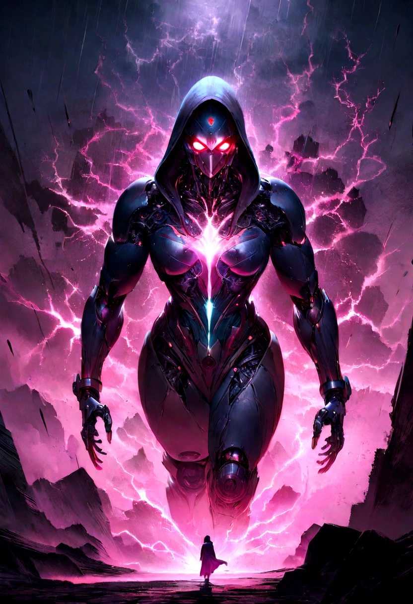 masterpiece, cyborg, The body is a mechanic, Wearing a hood, Shrouded in shadow, , Positano colours, Completely in frame, whole body, Emits electrical energy, whole body, Beautiful anime waifu style man, Ultra-detailed CG paintings, Luminism, Art by Kahn Griffith and Vadim Kashin Concept Art, 8K resolution, Fractal isometric details Bioluminescence , complicatedly detailed , Cinematic, trending on art station Isometric Centered hyper Realistic cover photo awesome full color, Grainy, Realistic, complicated, Hit definition , Cinematic, Bold, Vibrant, amazing, Super high quality model、Being pelted by rain in the dark、Controlling Lightning、Red eyes