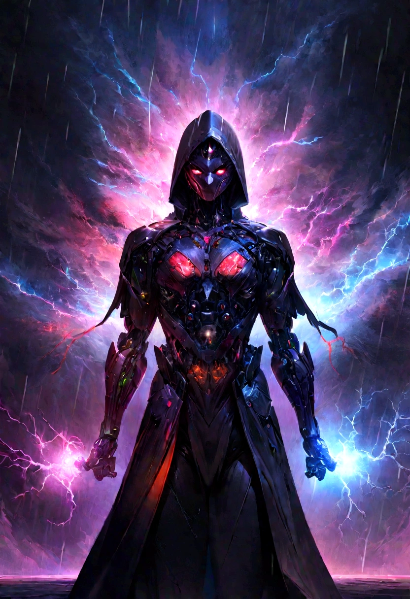 masterpiece, cyborg, The body is a mechanic, Wearing a hood, Shrouded in shadow, , Positano colours, Completely in frame, whole body, Emits electrical energy, whole body, Beautiful anime waifu style man, Ultra-detailed CG paintings, Luminism, Art by Kahn Griffith and Vadim Kashin Concept Art, 8K resolution, Fractal isometric details Bioluminescence , complicatedly detailed , Cinematic, trending on art station Isometric Centered hyper Realistic cover photo awesome full color, Grainy, Realistic, complicated, Hit definition , Cinematic, Bold, Vibrant, amazing, Super high quality model、Being pelted by rain in the dark、Controlling Lightning、Red eyes