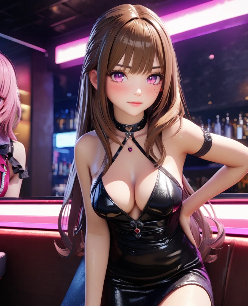 masterpiece, best quality, very detailed, high resolution, expensive resolution, high resolution, 4K, 8k, Unity 8k wallpaper, highly detailed CG, masterpiece, 2D, 3D, beautiful details, depth, fine texture, best quality: 1.3, perfectly focused, crispy skin, he,
Very cute anime girl, two girls who are employees of a night bar, sexy dress, big breasts, expensive pink medium long hair and brown short hair, two girls, night bar, mole under eye, looking at the viewer, expensive, blush, mole, lips parted,, heart, pink eyes, choker