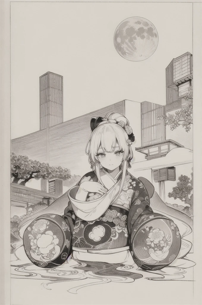 best quality, masterpiece, photo, 4K, only one person, photorealistic, highly detailed, huge moon in the background, black and white, closeup, Create a realistic ukiyo-e illustration of a cute girl in a kimono that conveys Japanese culture in various poses with a Japanese garden in the background, using a simple monochrome coloring book that even children can do.
