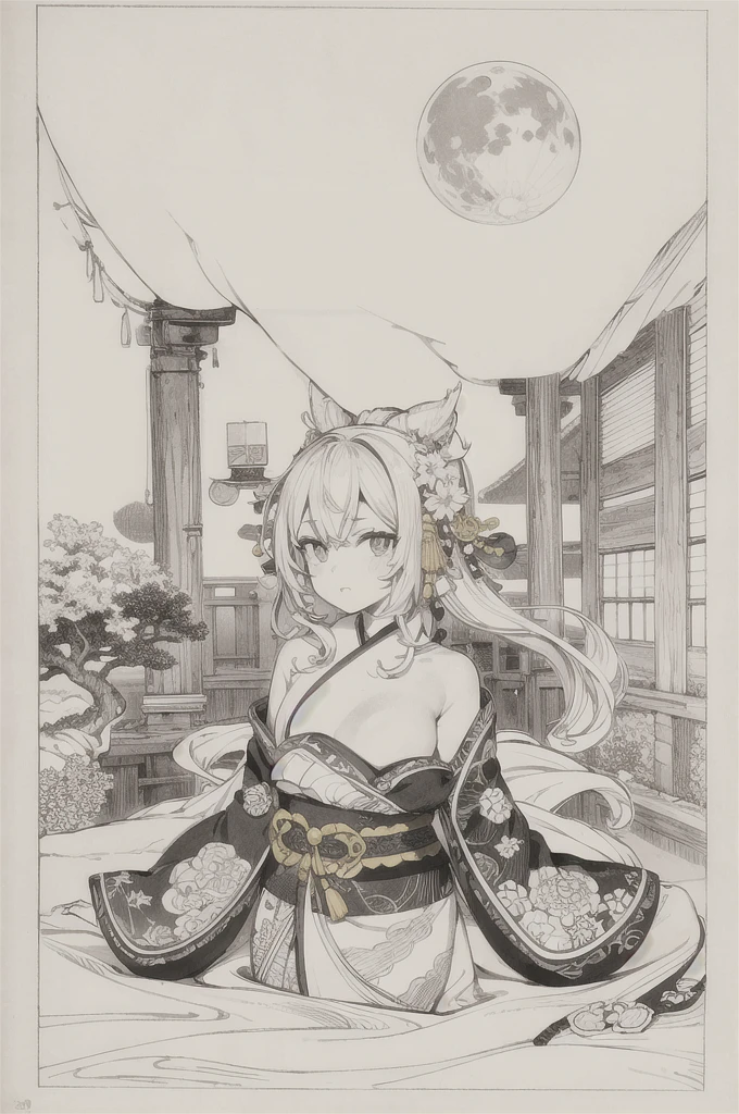 best quality, masterpiece, photo, 4K, only one person, photorealistic, highly detailed, huge moon in the background, black and white, closeup, Create a realistic ukiyo-e illustration of a cute girl in a kimono that conveys Japanese culture in various poses with a Japanese garden in the background, using a simple monochrome coloring book that even children can do.