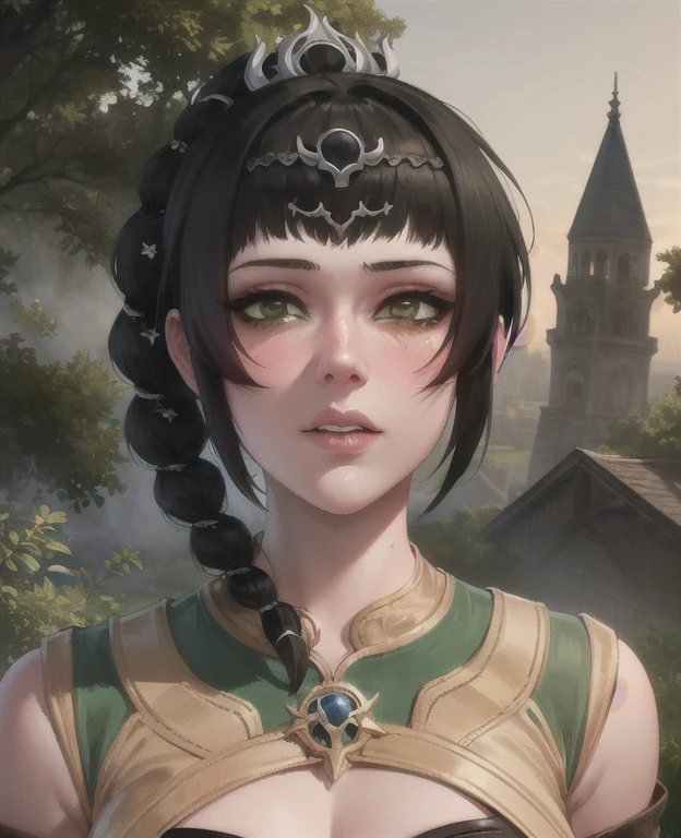 (masterpiece, best quality), 1girl, shadowheart, black hair, braided ponytail, green eyes, circlet, black pants, closeup, sketch, looking at viewer, ((green eyes)),(fantasy village on background), (masterpiece, best quality), 1girl, shadowheart, black hair, braided ponytail, green eyes, circlet, black pants, closeup, sketch, looking at viewer, ((green eyes)),(fantasy village on background)