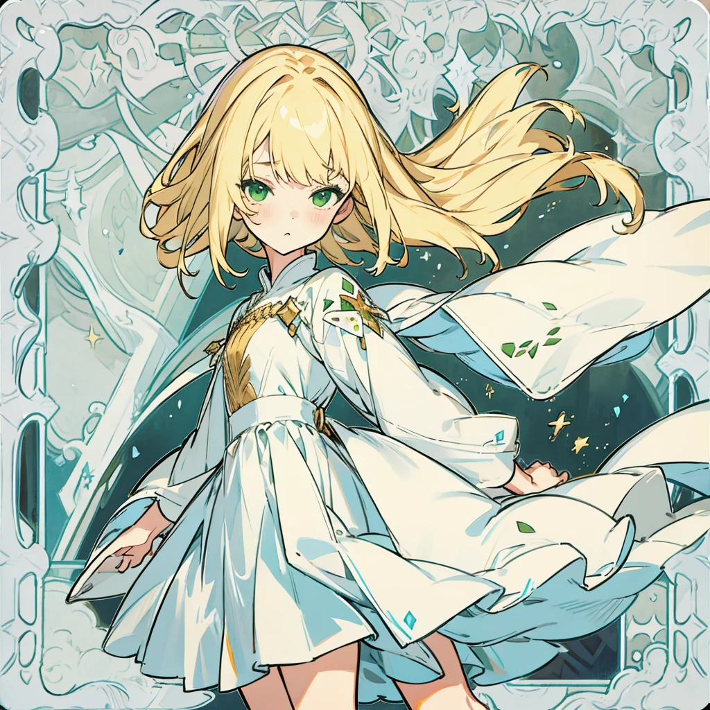 Girl、Long blonde、Bangs、Drooping eyes、Green Eyes、Fine skin、White dress、Western style