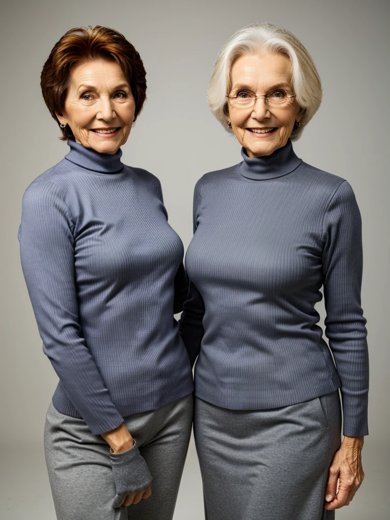 photo of 2 different old wrinkly grannies, both are skinny mature old wrinkly ladies, wearing tight ribbed turtleneck tops