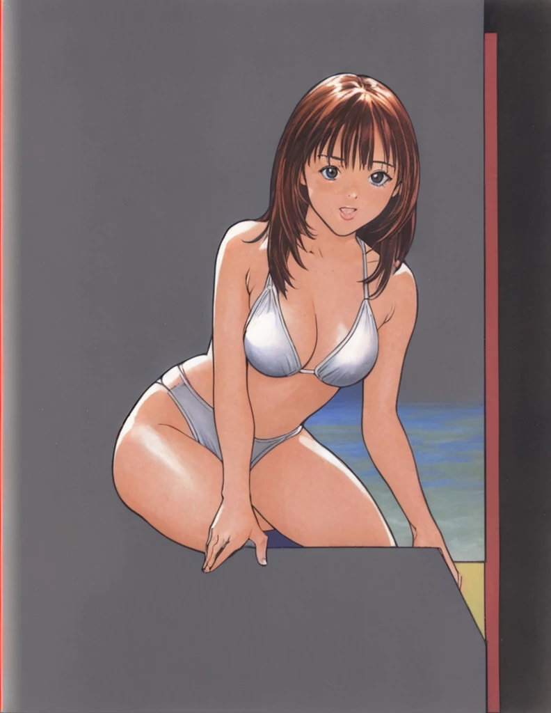Iori is standing in a bikini with her legs spread to the sides, blushing and her mouth open.。
