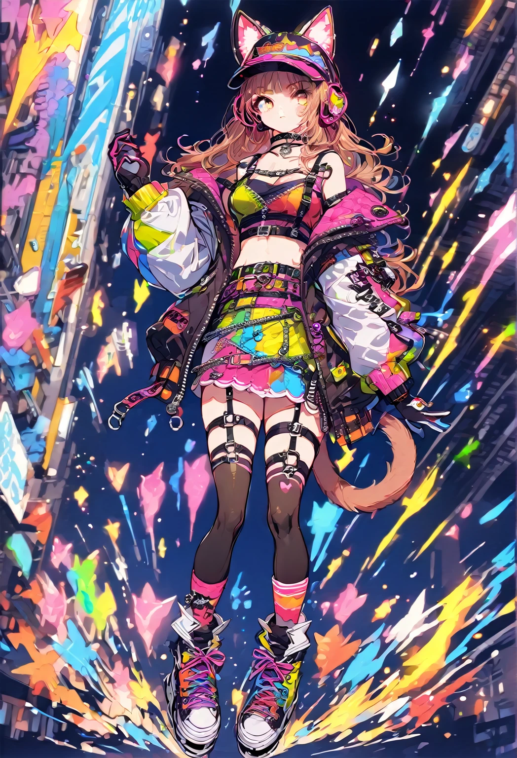 ((masterpiece:0), best quality, very aesthetic, newest, absurdres, detailed, high quality)
BREAK
highest quality, top quality, details, highres, ultra fine painting, digital art, official art, cinematic, 4k, 8k resolution, 8K CG wallpaper, CG, original artwork, detailed background, colorful background, blue atmosphere, High Dynamic Range, blurry background, blue hour, Starburst effects, crepuscular rays, good ISO, high resolution, wide shot, from far away, RAW photo, POV, sharp focus, light reflection, reflections, intricate details, soft light, particle noise, professional photography, bokeh, depth of field, natural lighting, vibrant colors, looking away, detailed lights and shadows, stylish, ultra-detailed, top rated on Pixiv, trending on Artstation, niji style, modern-days, master crafted, pose
BREAK
solo, 1girl, a girl, correct fingers, detailed hair, (medium big breasts:1.2), big thighs, short torso, short body, flushtered, blush, anxious expression, casual, slim, ((cute, childlike face):1.3), nice hips, nice body, brown hair, (long flowing hair:1.1), big 2 buns hairstyle, long bangs, long hair, middle hair bangs, brown eyes
BREAK
((colorful outfit), off shoulder crop top, short skirt, shoulder headphones, jacket, casual cap, belts, straps, choker, gloves, boots, stockings, garterbelt, accessories, outfit ornaments, sneakers, kemonomimi, tail, mask, (full body:1.3)) 
BREAK
a close up of a person walking down a street with a crowd of people, crowded street, crowded streets, in front of a large crowd, giant crowd, girl walking through city, people walking down a street