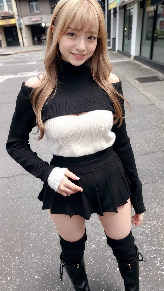 (8K、RAW Photos、Highest quality、masterpiece:1.2)、(Realistic、Photorealistic)、1 Girl、((In town、Off the shoulder、smile、Black knit、Black Mini Skirt、Ribbon on chest、Blonde、Knee socks、boots、Big Breasts、Look forward、Are standing))、