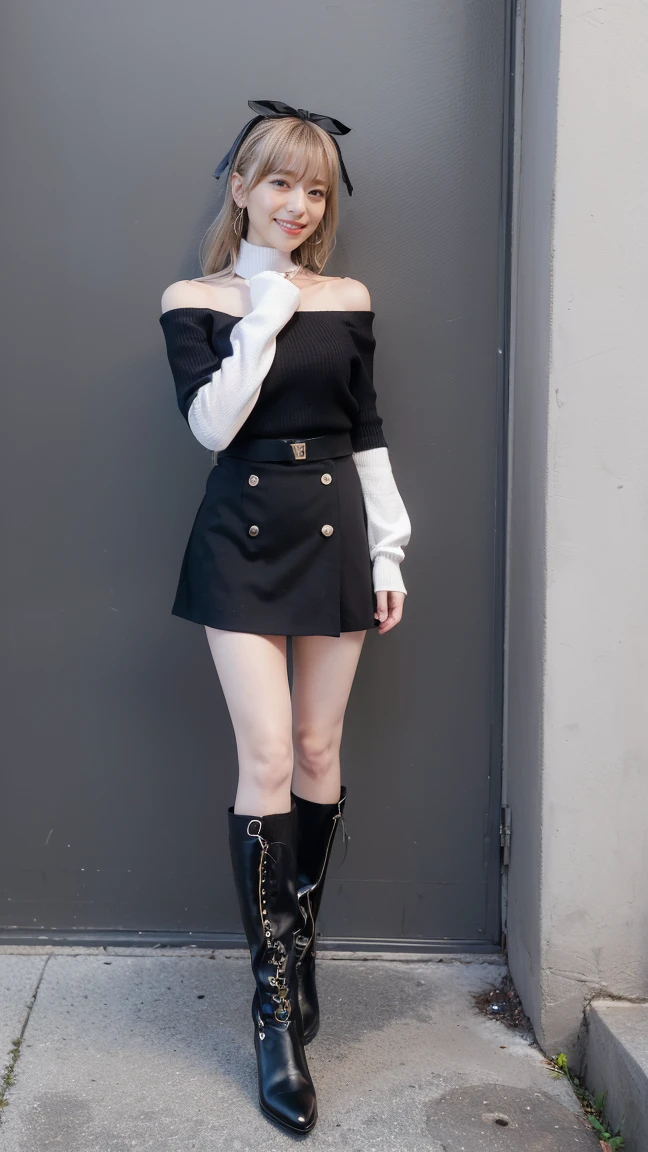 (8K、RAW Photos、Highest quality、masterpiece:1.2)、(Realistic、Photorealistic)、1 Girl、((In town、Off the shoulder、smile、Black knit、Black Mini Skirt、Ribbon on chest、Blonde、Knee socks、boots、Big Breasts、Look forward、Are standing))、