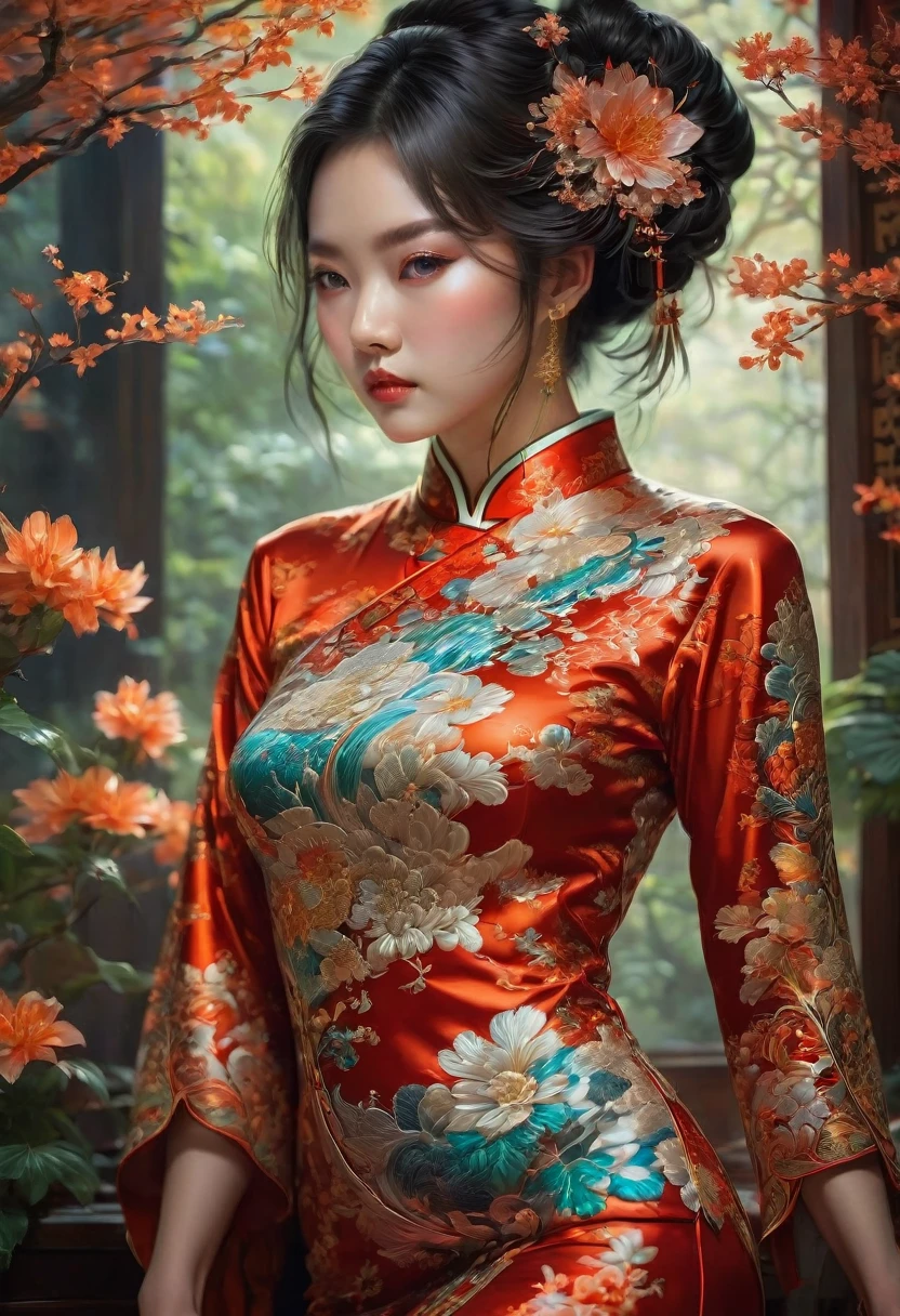 Cheongsam, by Bill Durgin, RAW photo, 35mm photograph, bokeh, best quality, masterpiece, very aesthetic, perfect composition, intricate details, ultra-detailed