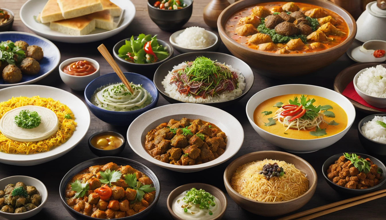 Render a delicious spread of international cuisine, showcasing diverse dishes from around the world.