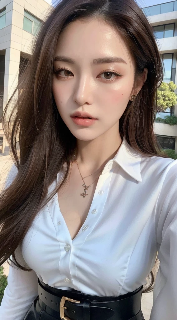 ((Top Quality, 8K, Masterpiece: 1.3)), Beauty, Hidden Face, 1 Girl, Beauty: 1.3, Slender Abs: 1.1, (Large Men's Shirt Loose: 1.9) Exposed, Full Chest, Long Brunette Hair, Ultra-detailed Face, Highly Detailed Lips, Detailed Eyes, Double Eyelids, Strict Head and Body Ratio: 1.5, Slightly Curly Hair