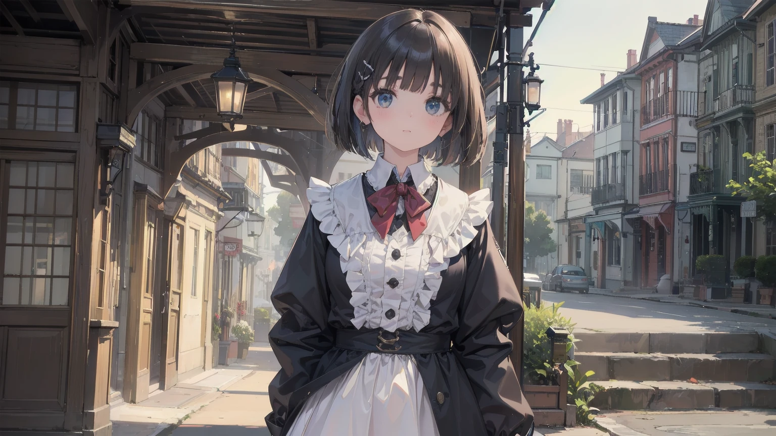 (Highest quality、16K、masterpiece、Ultra-high resolution、Victorian era、Realistic:1.2)、Cowboy Shot、One-length bob cut braided hair clip with front drop、Branded Uniforms cute、clear、 Tsundere、heroine'attribute