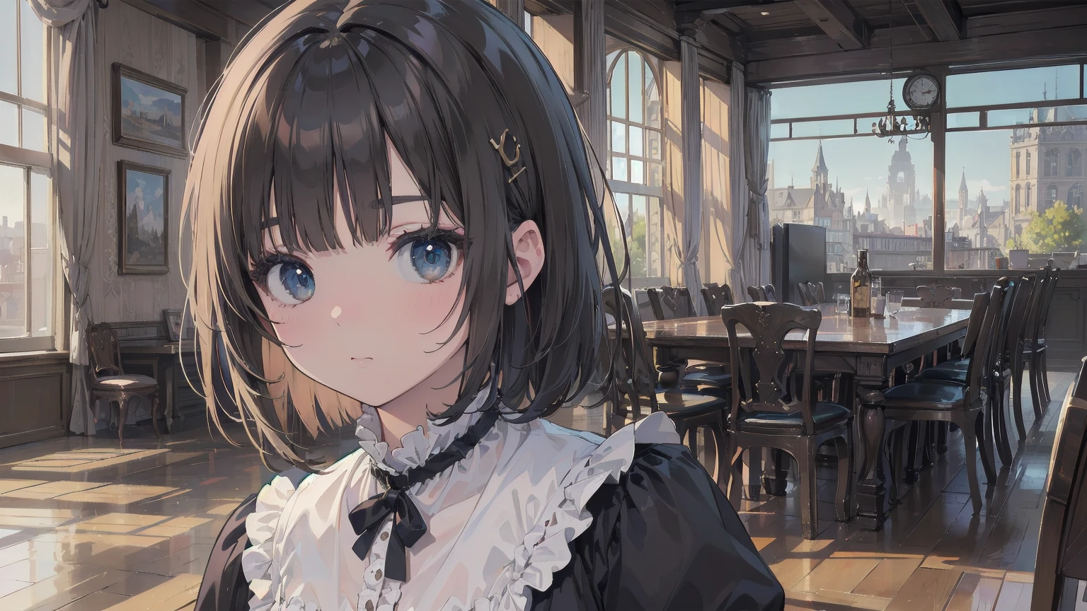 (Highest quality、16K、masterpiece、Ultra-high resolution、Victorian era、Realistic:1.2)、Cowboy Shot、One-length bob cut braided hair clip with front drop、Branded Uniforms cute、clear、 Tsundere、heroine'attribute