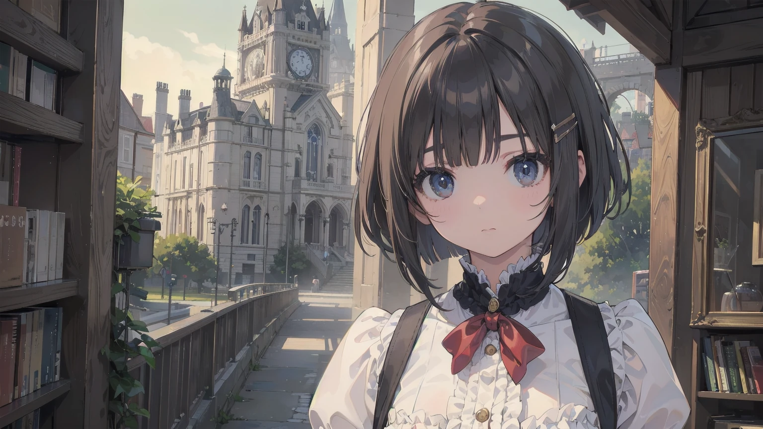 (Highest quality、16K、masterpiece、Ultra-high resolution、Victorian era、Realistic:1.2)、Cowboy Shot、One-length bob cut braided hair clip with front drop、Branded Uniforms cute、clear、 Tsundere、heroine'attribute