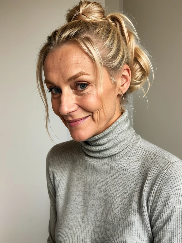 photo of a skinny very old wrinkly-faced faced mature blonde messy long hair thrown into a messy bun ponytail. She wears: (turtleneck soft high ribbed different coloured super tight sweater:1.1), submissive seductive pose, high tight ribbed neck, seductive smile, perfect fake tits, horny eager granny, teasing sexy old lady